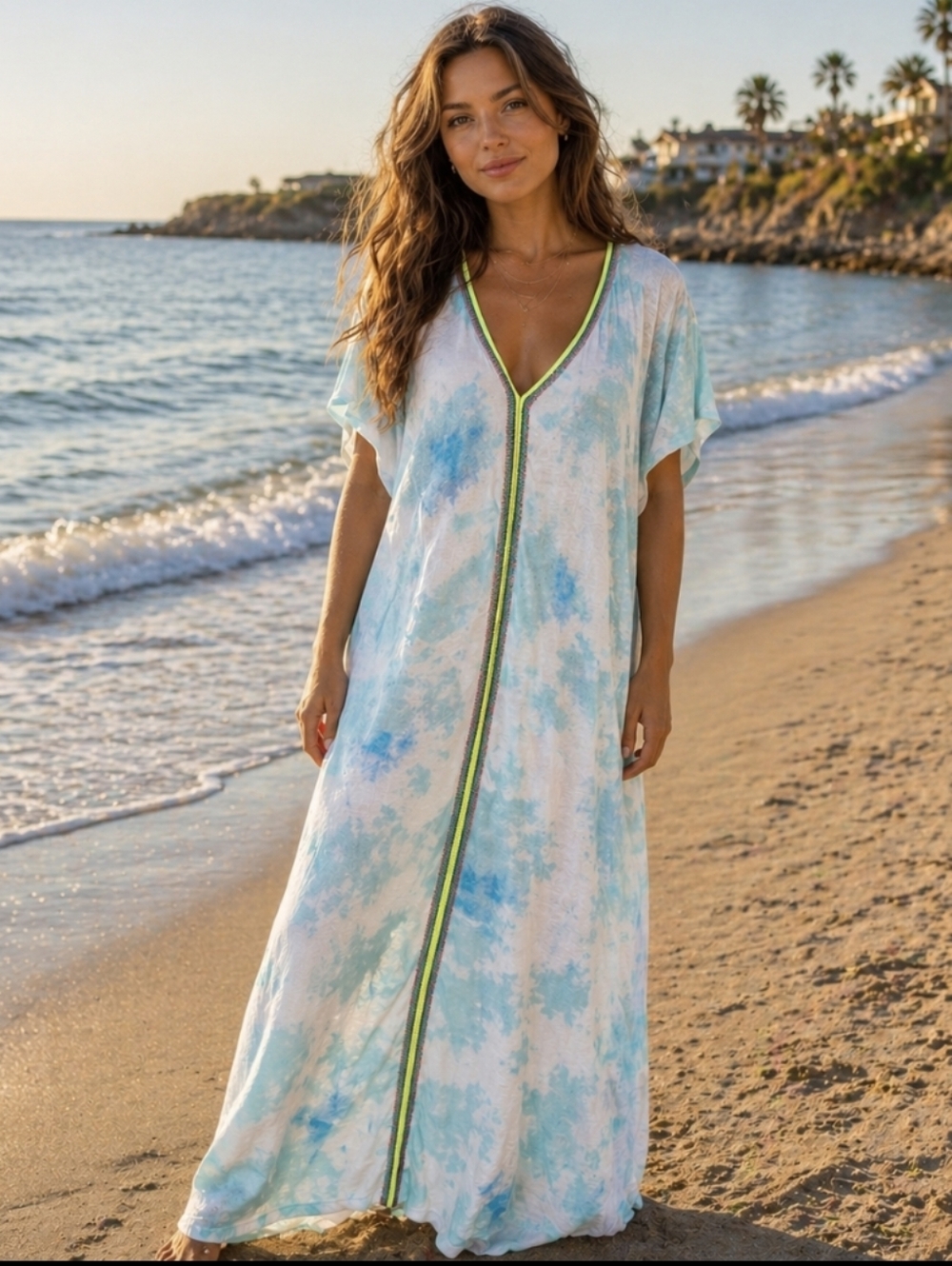 Pitusa Blue and White Tie-Dye Maxi Dress with Neon Trim